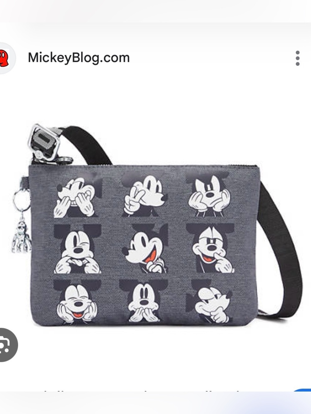 Kipling Dark Grey Crossbody Bag with Mickey Face Print and Branded Strap
